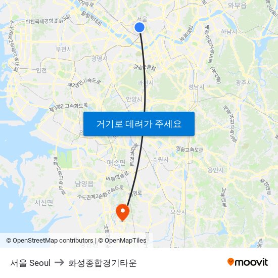 서울 Seoul to 화성종합경기타운 map