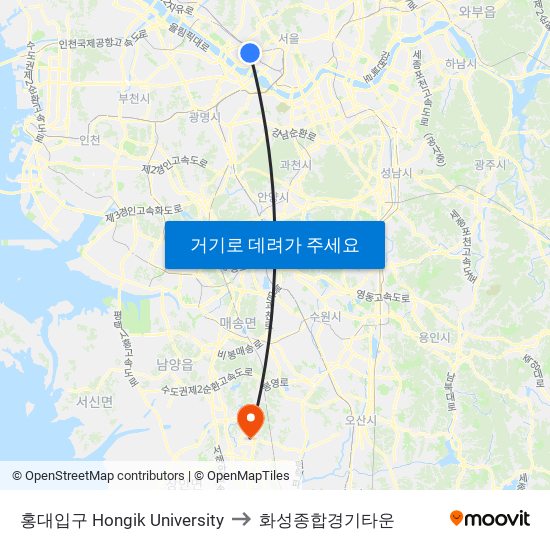 홍대입구 Hongik University to 화성종합경기타운 map