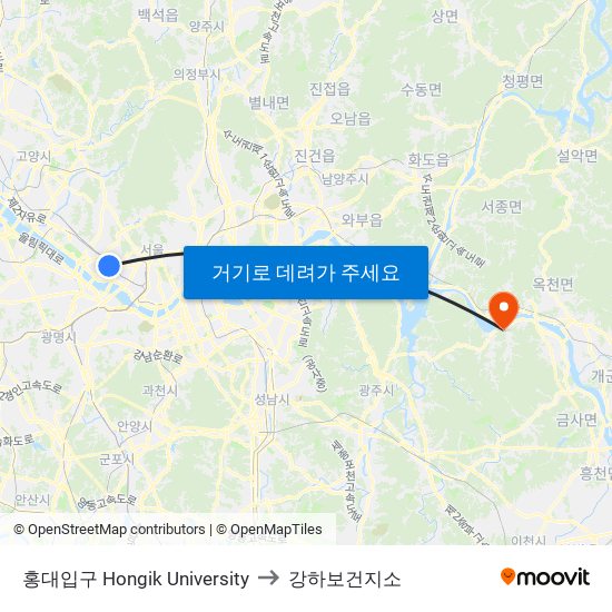 홍대입구 Hongik University to 강하보건지소 map