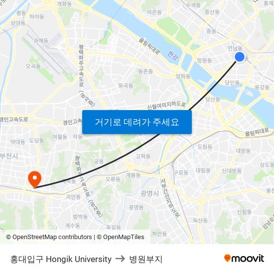 홍대입구 Hongik University to 병원부지 map
