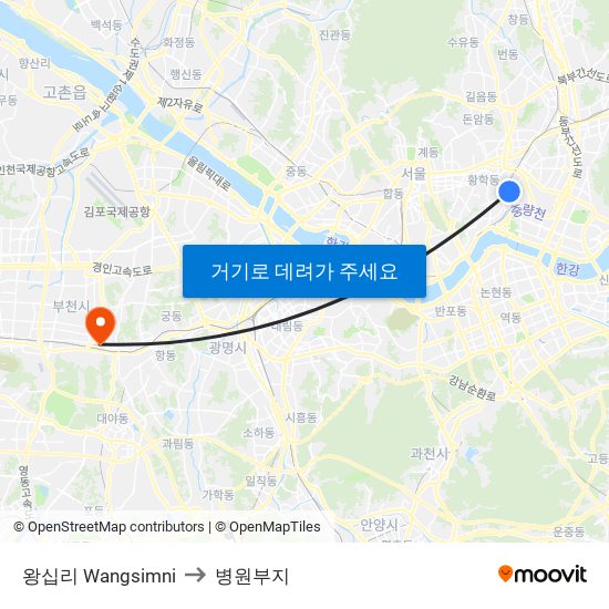 왕십리 Wangsimni to 병원부지 map