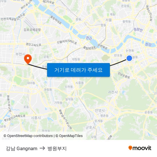 강남 Gangnam to 병원부지 map