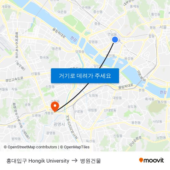 홍대입구 Hongik University to 병원건물 map