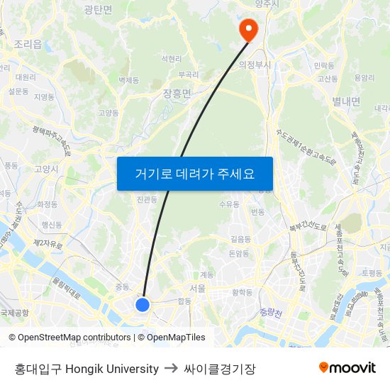 홍대입구 Hongik University to 싸이클경기장 map