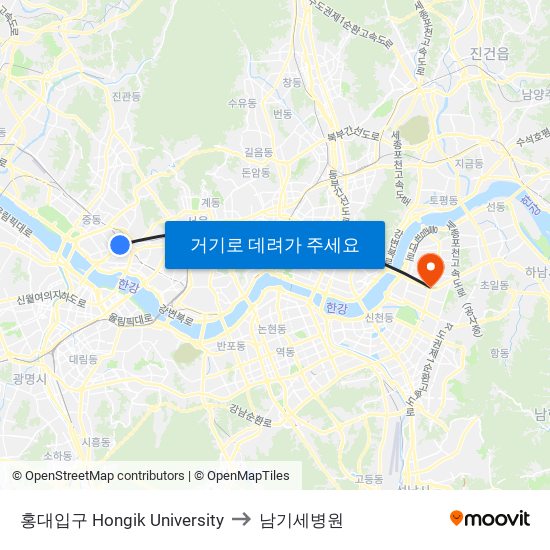 홍대입구 Hongik University to 남기세병원 map