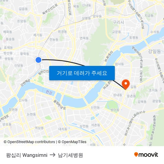 왕십리 Wangsimni to 남기세병원 map