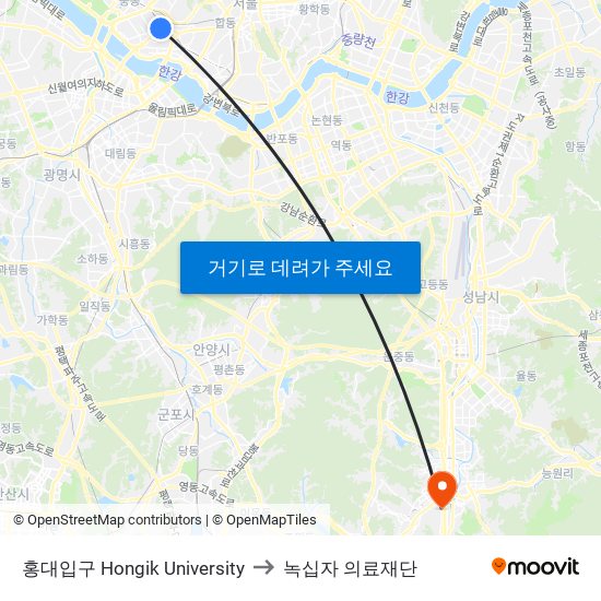 홍대입구 Hongik University to 녹십자 의료재단 map