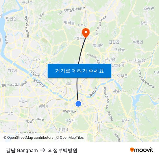 강남 Gangnam to 의정부백병원 map