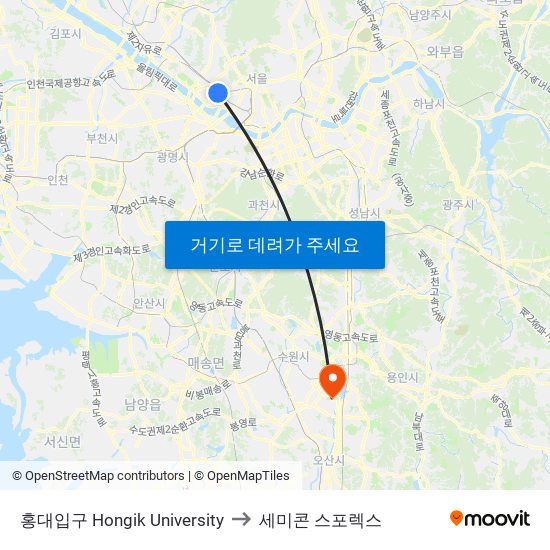 홍대입구 Hongik University to 세미콘 스포렉스 map