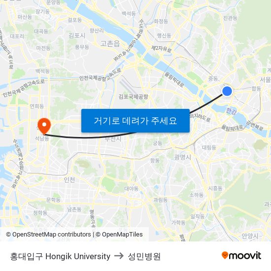 홍대입구 Hongik University to 성민병원 map