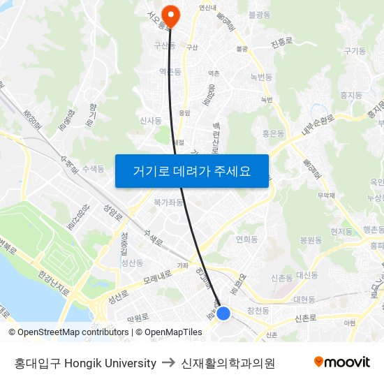 홍대입구 Hongik University to 신재활의학과의원 map