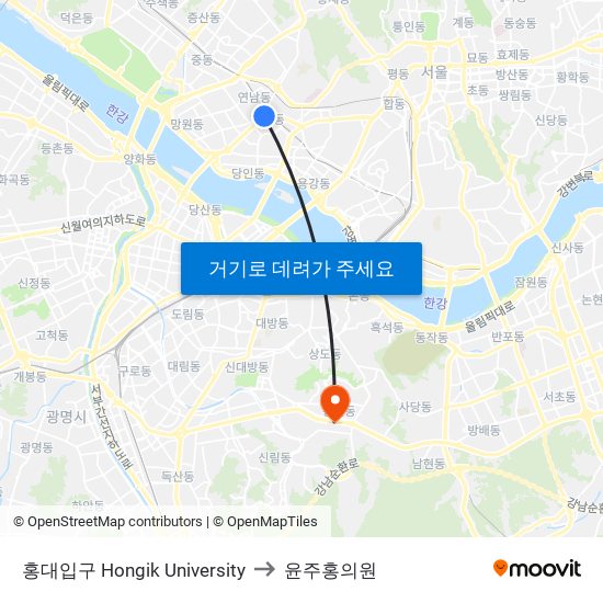 홍대입구 Hongik University to 윤주홍의원 map