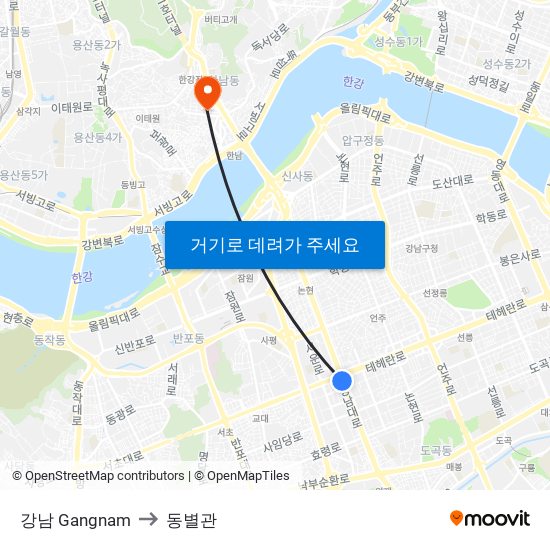 강남 Gangnam to 동별관 map