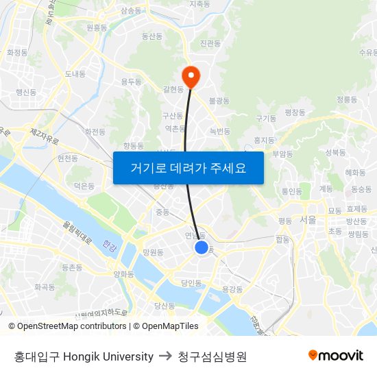 홍대입구 Hongik University to 청구섬심병원 map