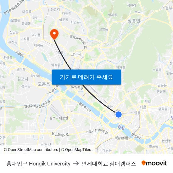 홍대입구 Hongik University to 연세대학교 삼애캠퍼스 map