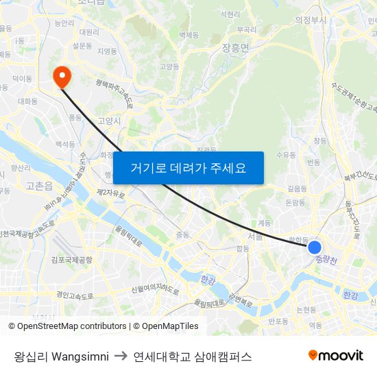 왕십리 Wangsimni to 연세대학교 삼애캠퍼스 map