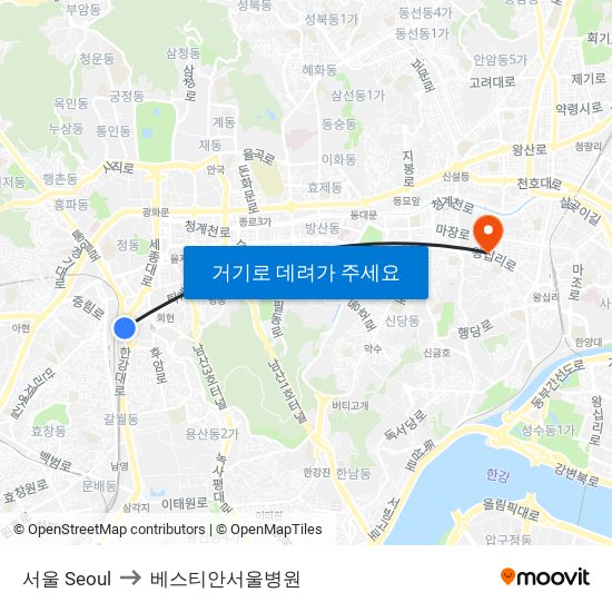 서울 Seoul to 베스티안서울병원 map