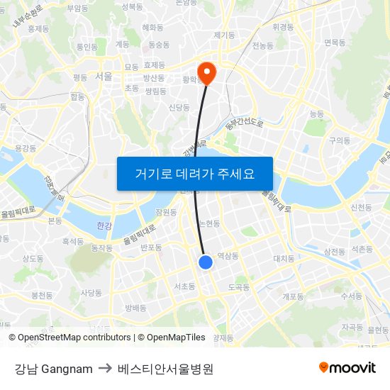 강남 Gangnam to 베스티안서울병원 map