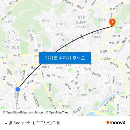 서울 Seoul to 한국국방연구원 map