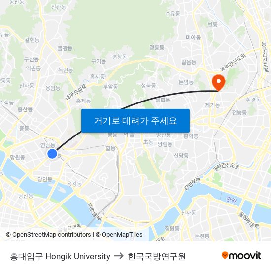 홍대입구 Hongik University to 한국국방연구원 map