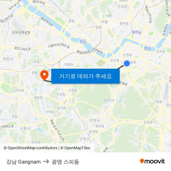 강남 Gangnam to 광명 스피돔 map