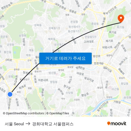 서울 Seoul to 경희대학교 서울캠퍼스 map