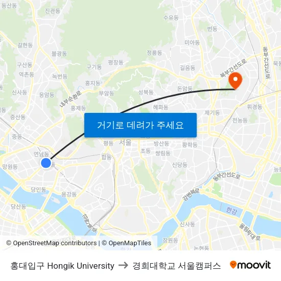 홍대입구 Hongik University to 경희대학교 서울캠퍼스 map