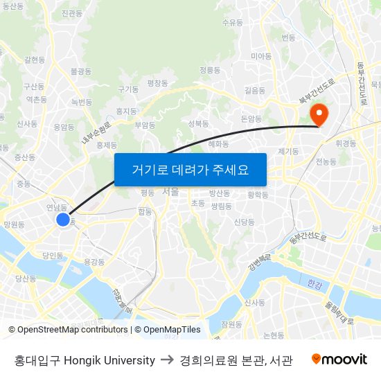 홍대입구 Hongik University to 경희의료원 본관, 서관 map