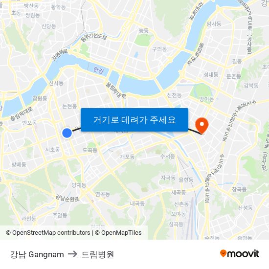 강남 Gangnam to 드림병원 map