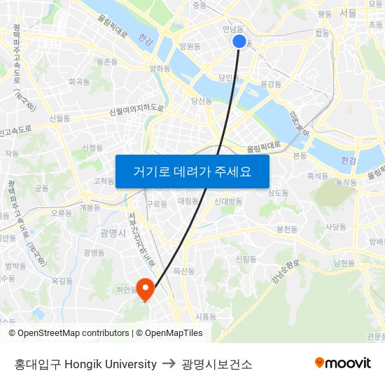홍대입구 Hongik University to 광명시보건소 map
