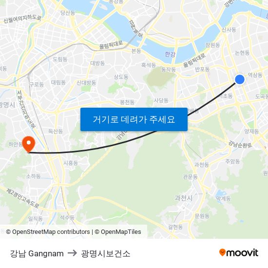 강남 Gangnam to 광명시보건소 map