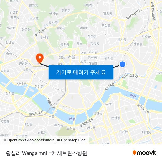 왕십리 Wangsimni to 세브란스병원 map