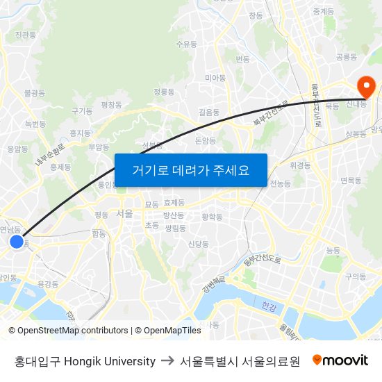 홍대입구 Hongik University to 서울특별시 서울의료원 map