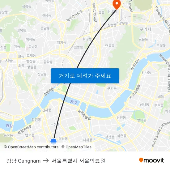 강남 Gangnam to 서울특별시 서울의료원 map