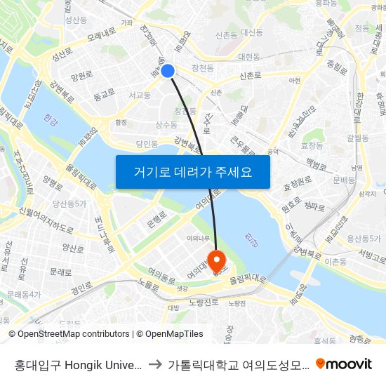 홍대입구 Hongik University to 가톨릭대학교 여의도성모병원 map