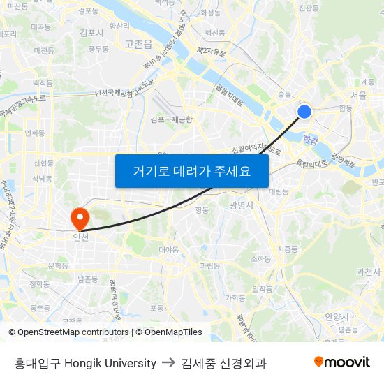 홍대입구 Hongik University to 김세중 신경외과 map