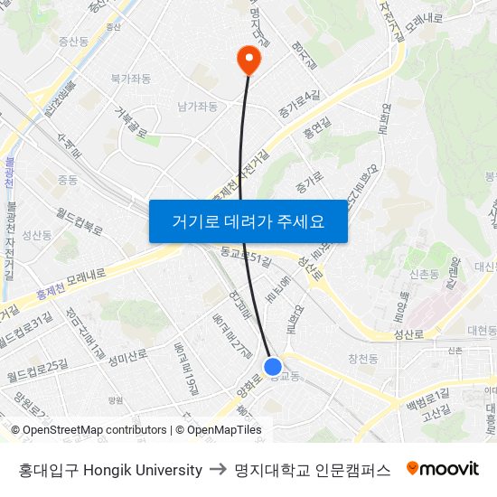 홍대입구 Hongik University to 명지대학교 인문캠퍼스 map