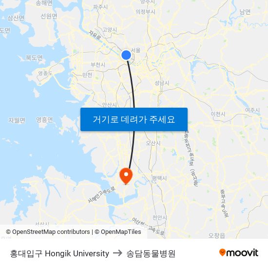 홍대입구 Hongik University to 송담동물병원 map