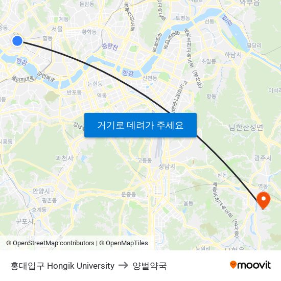 홍대입구 Hongik University to 양벌약국 map