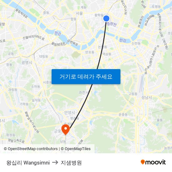 왕십리 Wangsimni to 지샘병원 map