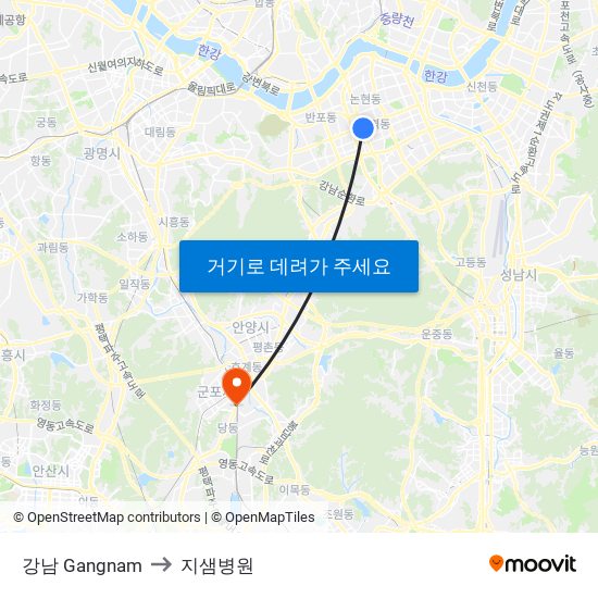 강남 Gangnam to 지샘병원 map
