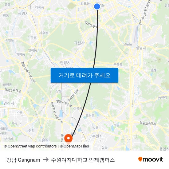 강남 Gangnam to 수원여자대학교 인제캠퍼스 map