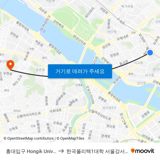 홍대입구 Hongik University to 한국폴리텍1대학 서울강서캠퍼스 map