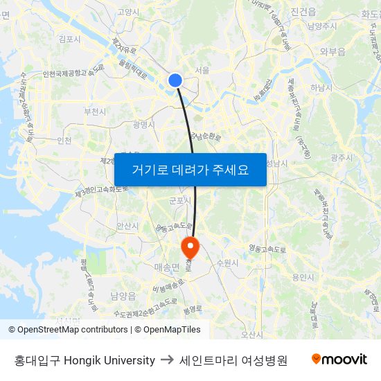 홍대입구 Hongik University to 세인트마리 여성병원 map