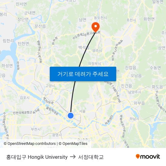홍대입구 Hongik University to 서정대학교 map
