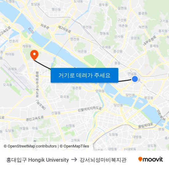 홍대입구 Hongik University to 강서뇌성마비복지관 map