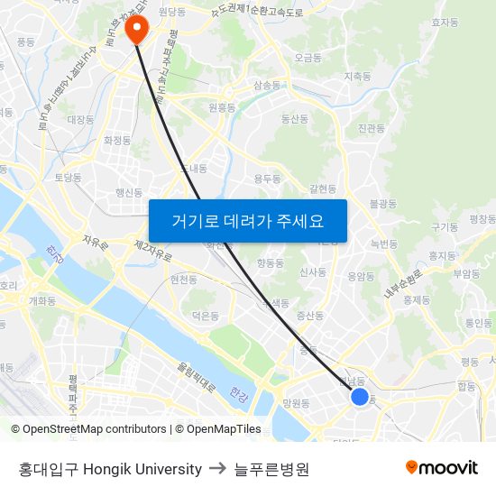 홍대입구 Hongik University to 늘푸른병원 map