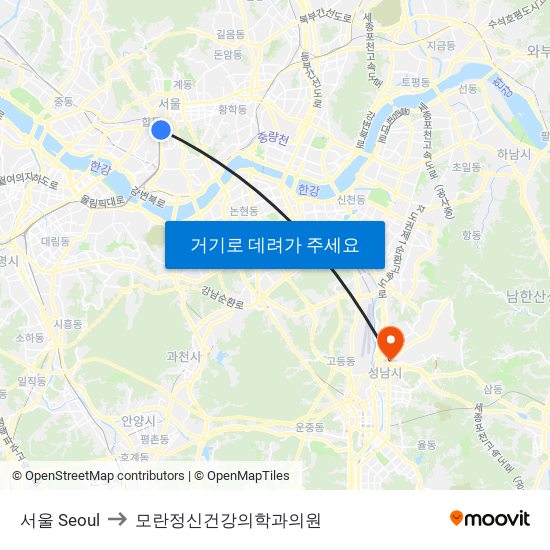 서울 Seoul to 모란정신건강의학과의원 map