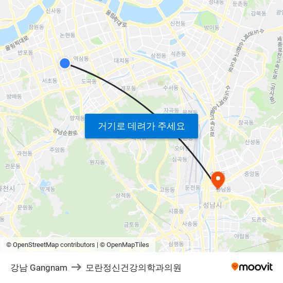 강남 Gangnam to 모란정신건강의학과의원 map