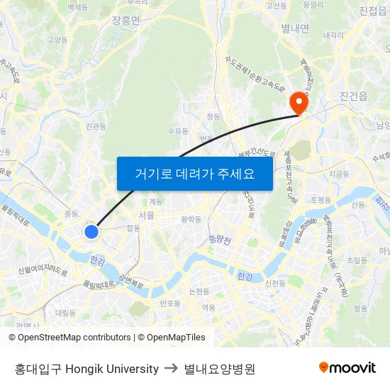 홍대입구 Hongik University to 별내요양병원 map